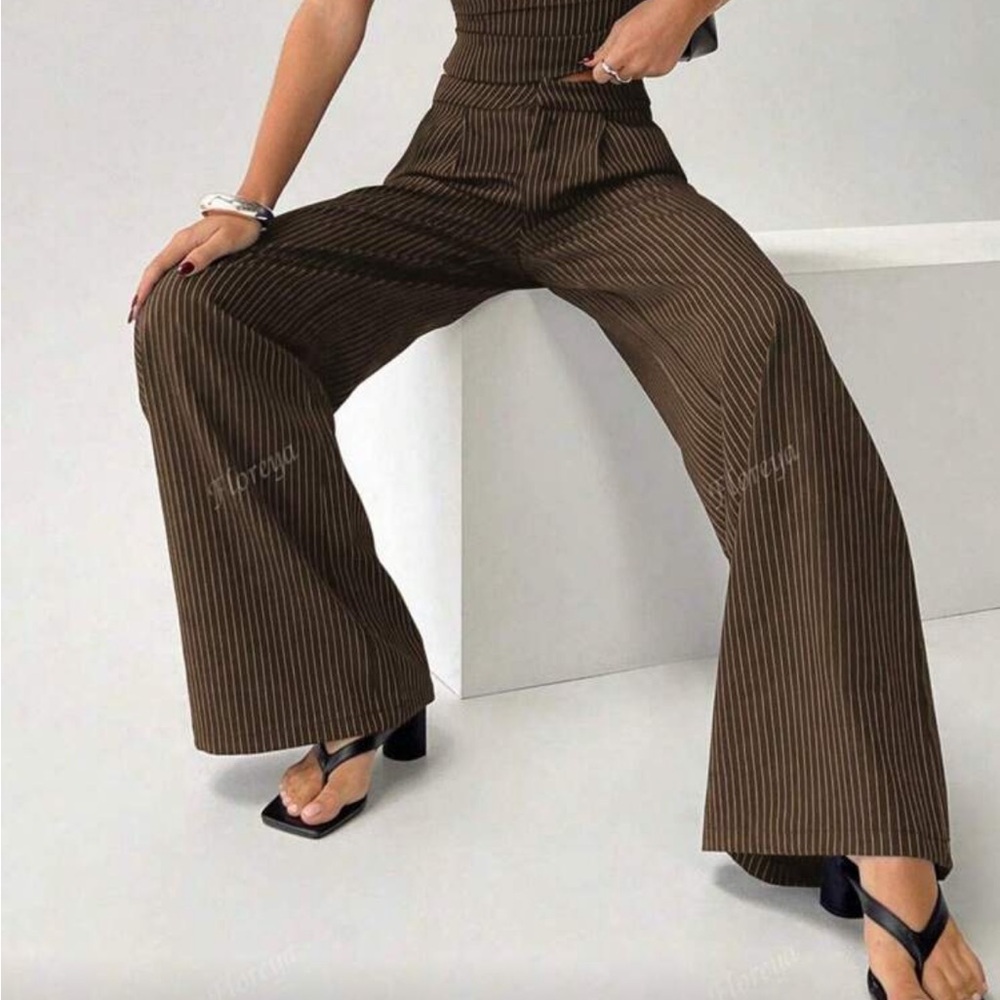 Brown Pinstripe Business Casual Suit Set - cami and trousers - Picture 2 of 7